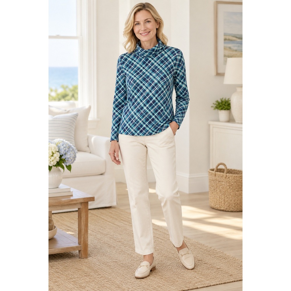 Talbots Petite LP Teal Blue Plaid Turtleneck Top Preppy Coastal Grandmother